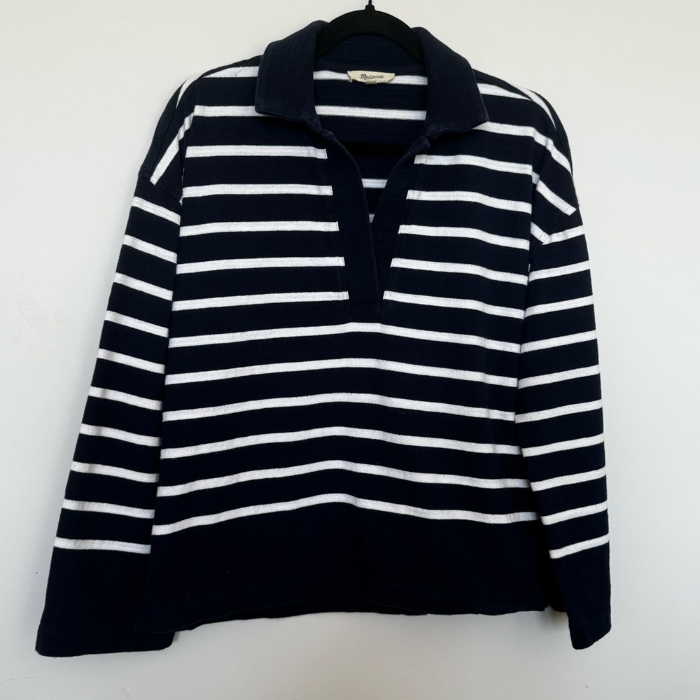 Madewell Navy White Striped Long Sleeve Polo Top Size S 100% Cotton Breton Shirt